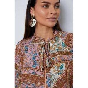 Bohemian Patchwork Blouse • Size M  • Pink Multi • Floral Ruffle Peasant Top NEW